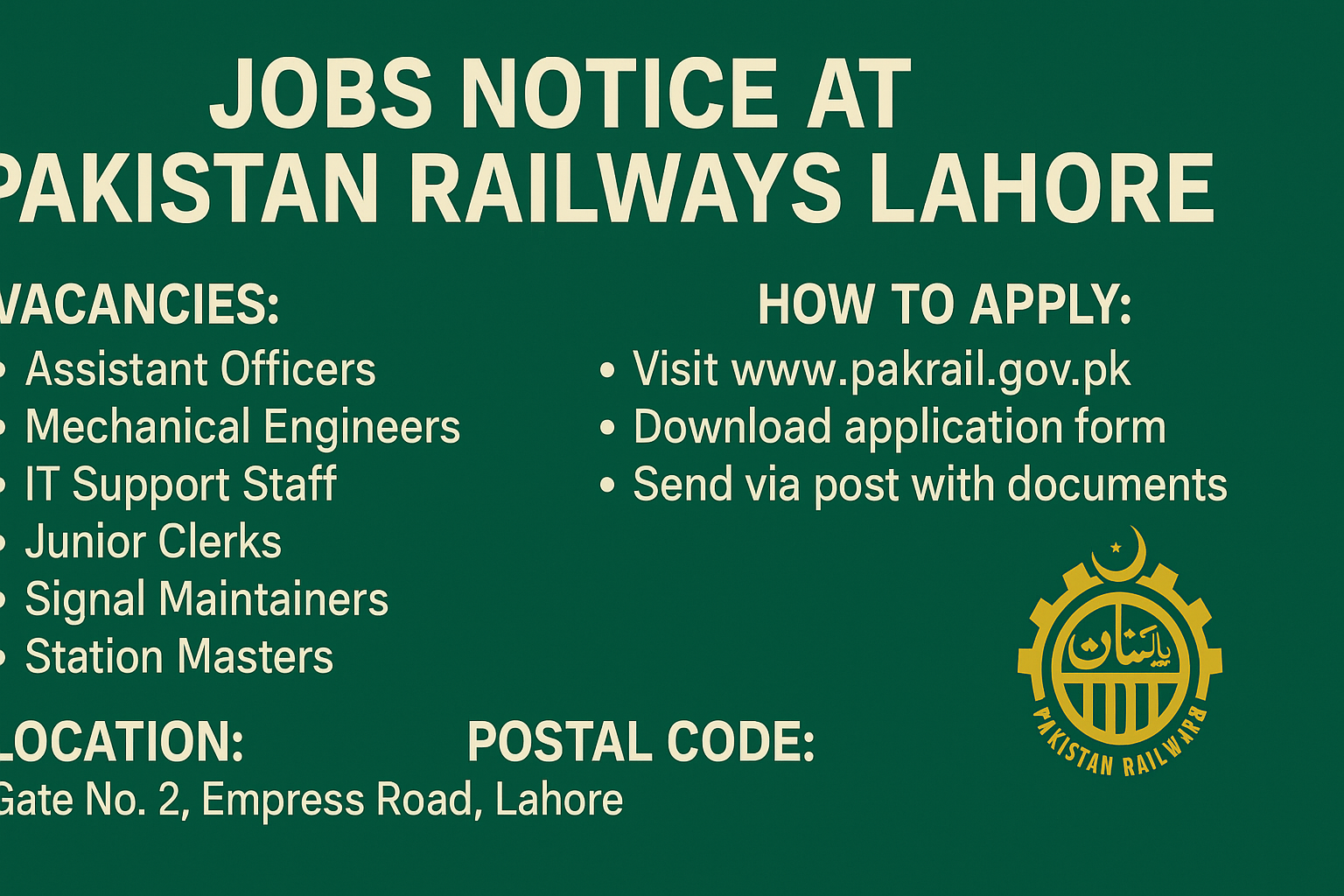 Jobs Notice at Pakistan Railways Lahore